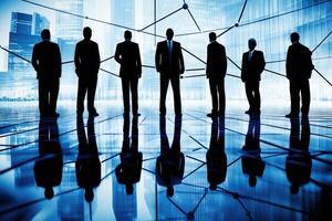 Business team stands together in modern city photo