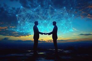 Two business people shaking hands in front of a networked sky photo