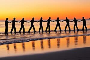 Silhouette of people linked hands, walking along shoreline at sunset photo