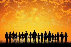 A group of people holding hands, standing in a field, connected by a network photo