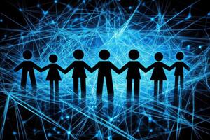 Global interconnectedness. A group of people linked together, surrounded by a network photo
