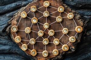 Network of interconnected wooden discs photo