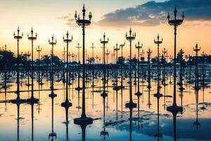Silhouetted lampposts, reflecting in water at sunset photo