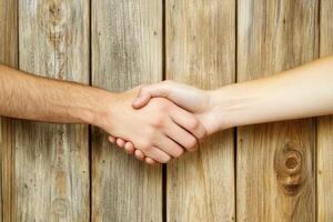 Two hands shaking, signifying a partnership or agreement, against a weathered wooden background photo