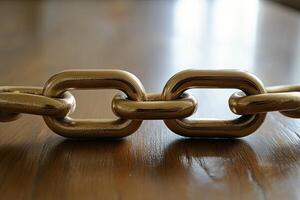 Gold chain links on wooden table photo