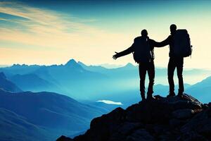 Two hikers standing on mountaintop, admiring vast vista photo