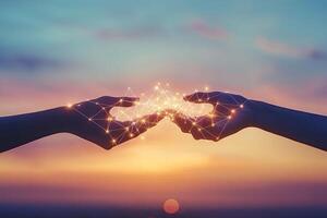 Two hands connect, illuminated by ethereal network photo