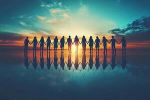 Unity at sunset. A large group of people standing in a row, hand-in-hand, against a vibrant sunset sky, creating a powerful visual of togetherness. Reflections of the group are seen in the water photo
