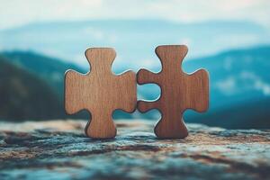 Two wooden puzzle pieces fitting together on a rocky outcrop against a mountain backdrop photo