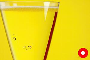 Sparkling drink in a stemmed glass against a vibrant yellow background. A close-up view reveals bubbles rising to the surface photo