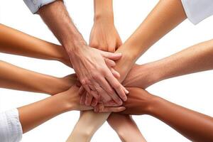 Diverse hands clasped together in unity photo