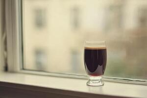 A glass of dark coffee rests on a windowsill photo