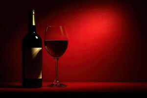 Red wine bottle and glass on a red background photo