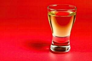 Clear shot glass filled with a pale yellow liquid against a vibrant red background photo