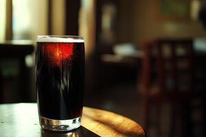 Dark drink in a glass on a table photo