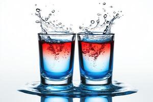 Two shot glasses, red and blue layered drinks, splashing photo