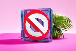 Prohibited sign in a frosted cube, tropical backdrop photo