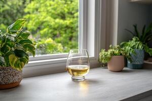 Whisky glass on windowsill, garden view photo