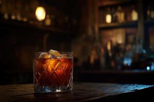 Dark amber cocktail in a crystal glass, garnished with citrus, on a rustic bar photo