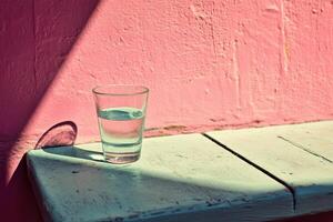 A glass of water on a weathered white table against a pink wall photo