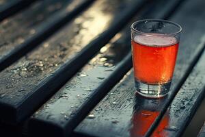 Sunset drink on a wet wooden table photo