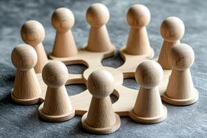 Wooden figures arranged in a circle, suggesting teamwork and collaboration photo