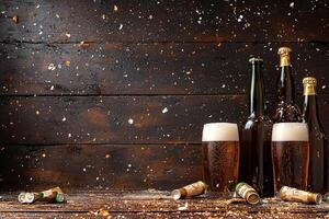 Celebratory beer bottles and glasses on rustic wooden surface photo