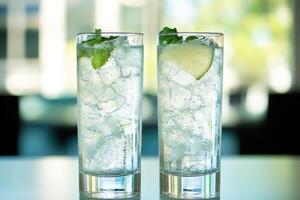 Refreshing iced drinks garnished with mint and lime photo