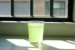 Refreshing lime drink in a glass by a window photo