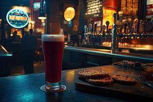 Red beer and snacks at bar photo
