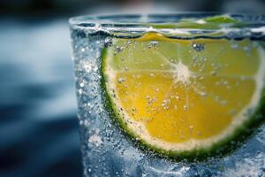 Refreshing lime slice in iced water photo