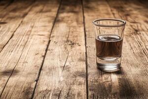 Empty shot glass on wooden table photo