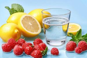 Refreshing summer drink with lemons, raspberries, and mint photo