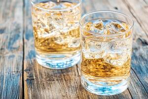 Two glasses of iced, amber-colored drink on a rustic wooden table photo