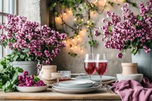 Romantic dinner setting with vibrant flowers photo