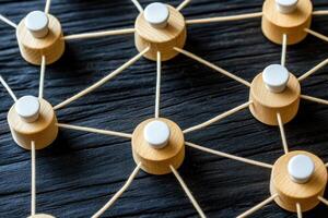 Network of connected wooden and buttoned nodes photo