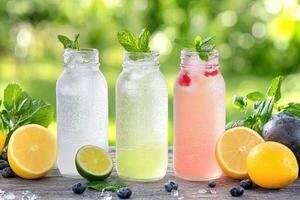 Refreshing summer beverages in glass bottles photo