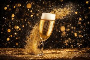 Champagne glass with golden sparkles on a black background photo