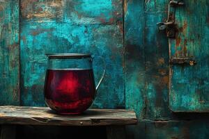 A glass tea pot with vibrant red liquid, placed on an aged wooden surface in front of a teal painted wall photo