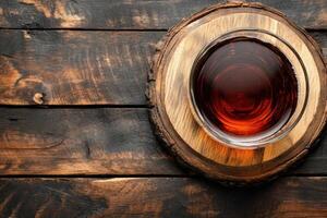 Dark amber liquid in a glass, on a wooden coaster photo