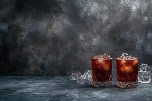 Two dark cocktails on a textured surface photo