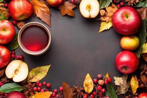 Autumnal drink surrounded by fall produce and foliage photo