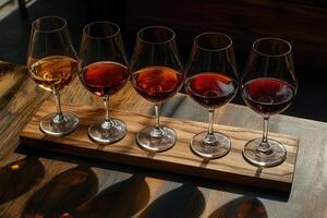 Wine tasting set. Five glasses of varying colored wines displayed on a wooden tray photo