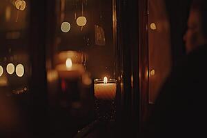 Warm candlelight glows through a window photo
