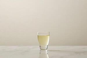 Clear shot glass of pale yellow liquid on marble surface photo