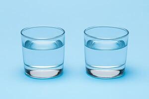 Two identical glasses of water on a light blue surface photo