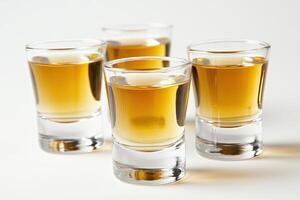 Four small shot glasses filled with amber liquid photo