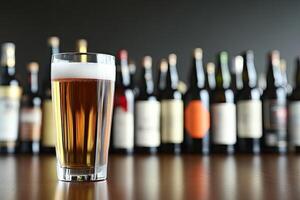 Refreshing light beer in a glass, surrounded by bottles photo