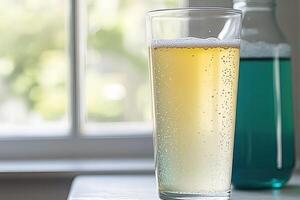 Glass of fizzy, light yellow drink near window photo