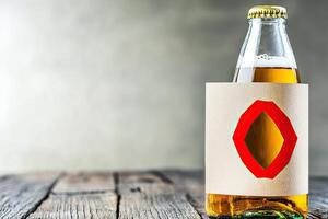 A bottle of light beer with a red paper circle label photo